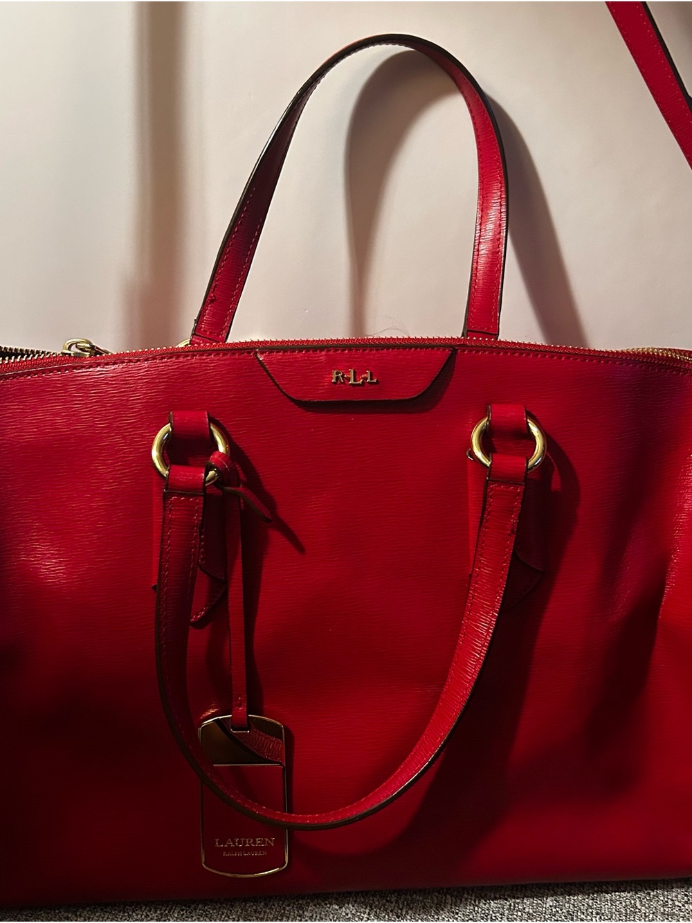 Ralph Lauren Red Leather Tote with Gold Hardware